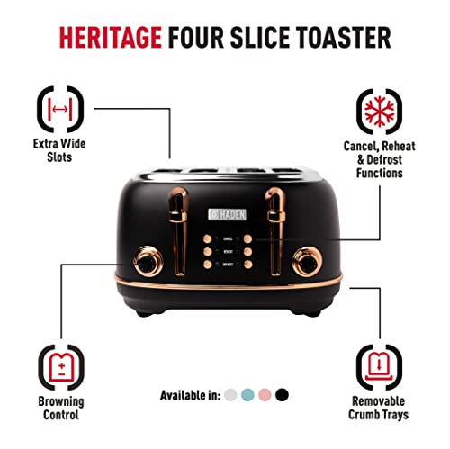 Haden Heritage Black Toaster 4 Slice - Adjustable Browning Control, Reheat and Defrost Functions 4 Slice Toaster - Stainless Steel Toaster 4 Slice - Self-centring Function - 1370-1630W - Image 4