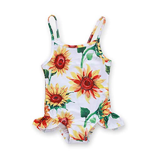 Image of YOUNGER TREE Toddler Baby Girl Swimwear Ruffle Floral Print Off The Shoulder Backless Bikini Swimsuit Beach Outifits (Sunflower, 18-24 Months)