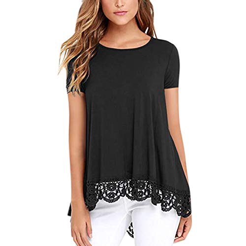 Lisli Women's T-Shirt Tops Short Sleeve Lace Trim O-Neck A-Line Tunic Blouses