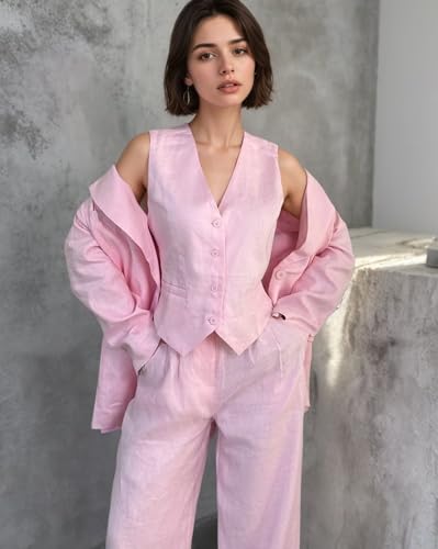 Linen Suits for Women Summer 3 Piece Women Blazer Vest Pants Dressy Casual Womens Pant Suit for Wedding Guest2