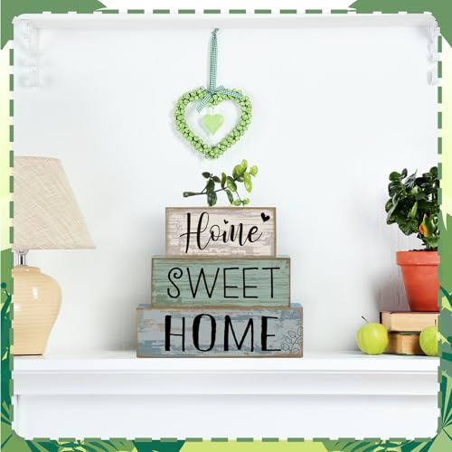 Image of Moucuny 4 Pcs Wooden Farmhouse Table Decor Rustic Home Sweet Home Stacked Blocks Decoration Farmhouse Tiered Tray Decor Decorative Eucalyptus Block Signs Gift for Kitchen Shelf Coffee Table