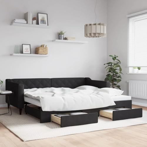 vidaXL Tagesbett, Sofabett Ausziehbar mit Schubladen, Gästebett Schlafsofa für Schlafzimmer Wohnzimmer, Sofa Ausziehbett, Schwarz 90x200cm Stoff