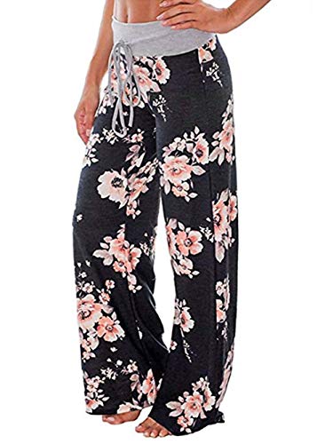iChunhua Women's Comfy Stretch Floral Print Drawstring Palazzo Wide Leg Lounge Pants 3XL Black