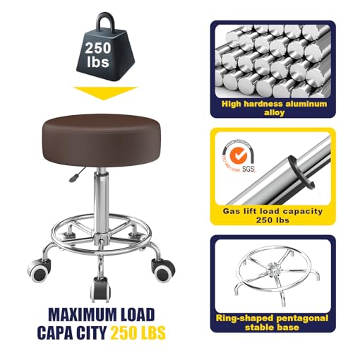 Image of Rolling Stool, Heavy Weight Capacity 250lb, PU Leather Rolling stools, Ultra Soft Padded Seat, Rolling Stools with Wheels and Footrest, 360 Swivel, Spa Drawing Salon Work Office Tattoo Stool (Brown)