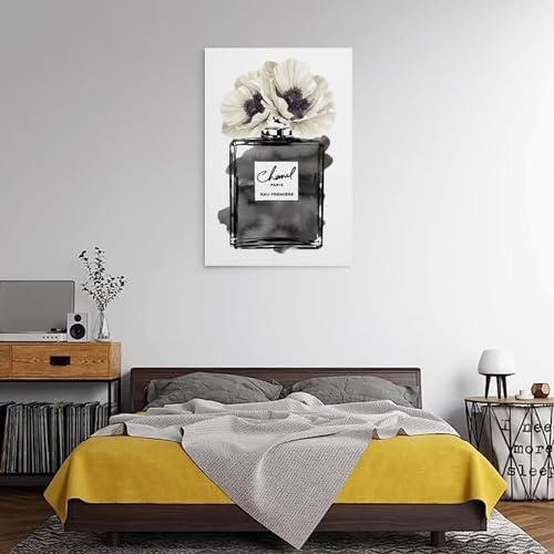 Image of BanLaArt Fashion Perfume Bottle Black With Grey & White Poppy Canvas Print Poster Decorative Painting Canvas Wall Art Picture Print Modern Family Bedroom Decor 08x12inch(20x30cm), style-3