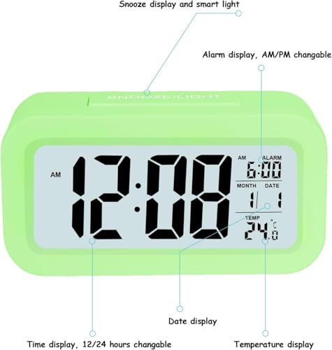 Image of Upgraded Digital Alarm Clock, 4.3 inch LED Display with Temperature Larger Lound Light Control Portable Snooze Calendar Brightness with Battery Powered Alarm Clocks Bedside for Everyone (Green)
