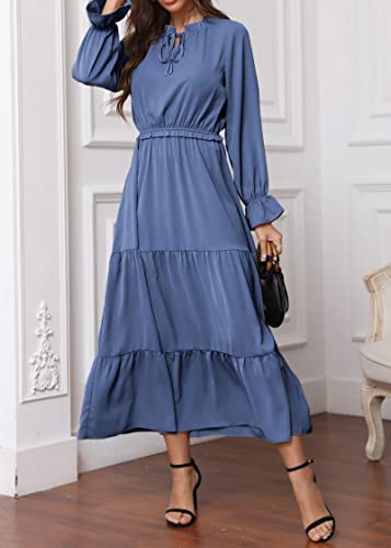 Kirundo 2023 Summer Women's Long Sleeve Maxi Dress Solid Tie Neck Casual High Waist Ruffle Hem Boho Flowy Long Dresses(Blue, Medium) #TOP5