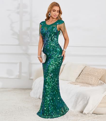Image of Cololura Women Sexy Sequin Mesh Perspective Bodycon Party Cocktail Evening Gown Maxi Dress