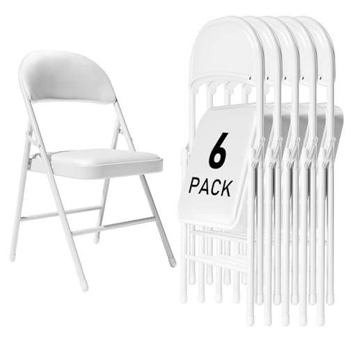 6 Pack White Folding Chairs with Padded Cushion and Back for Outside Portable Stackable Commercial Foldable Chairs with Steel Frame for Events Office Wedding Party, 350lbs Capacity