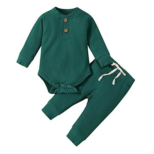 OFIMAN Conjunto de ropa para bebés y niñas recién nacidos, mameluco de manga larga, conjunto de pijama de 2 piezas, Conjunto Henleys Verde, 24 meses Cover