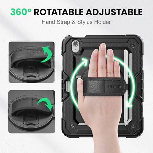 Image of SEYMAC Case for iPad Air 11 Inch M4 / M3 / M2 (2026 /2025 / 2024), Heavy Duty Shockproof Protective Case with Screen Protector, 360 Rotating Stand and Hand /Shoulder Strap, Black