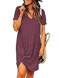 Locryz Short Sleeve Tee Shirt Dress V Neck Knot Front Party Dress XL Wine Red