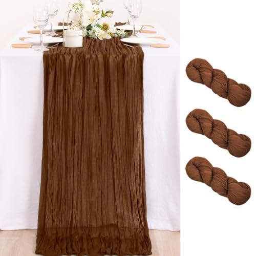 Image of MLMC 3 Pack Brown Table Runner 10ft Boho Rustic Gauze Coffee Cheesecloth Table Runner Neutral Cheese Cloth Table Decor 35x120 Inches for Wedding Bridal Shower Reception Party Decor