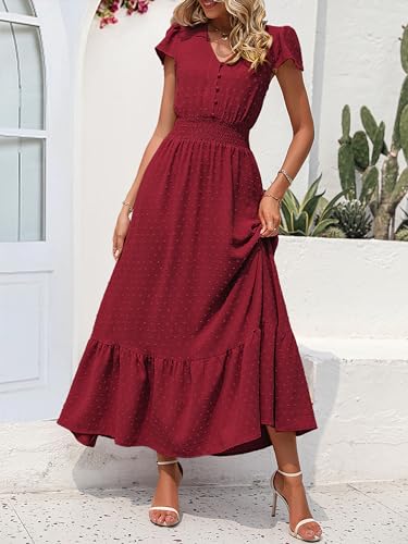 Image of PRETTYGARDEN Womens Dresses 2026 Summer Maxi Dress Boho Short Sleeve V Neck Swiss Dot Ruffle Tiered Smocked Flowy Long Dress