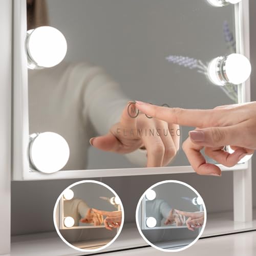 Foto von Flamingueo Schminkspiegel mit Beleuchtung - 12 LED - 3 Modi - Einstellbare Intensität - Touch Control - Einstellbare Position - Vergrößerungsspiegel Inklusive - Kosmetikspiegel - Weiß - 36x47,5x7,5cm