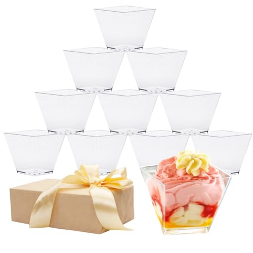 YINVA Mini Dessert Cups 2oz/60ml 50Pcs Plastic Dessert Cups + 50Pcs Reusable Spoons Square Reusable Dessert Cup for Pudding Mousse Party