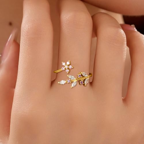 Cherry Blossom Ring for Women 925 Sterling Silver Dainty Camellia Ring 14K Gold Plated Lucky Leaf CZ Open Ring to Daughter White Shell Elegant Hibiscus Floral Crystal Wedding Birth Christmas Jewelry2