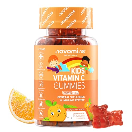 Vitamina C Niños - Sin Azúcar - con Bioflavonoides, Rosa Mosqueta, Vitamina B6, Zinc y Selenio - 30 Gominolas - 40 mg de Vitamina C Puro - Vegano y Sin Gluten - para el Sistema Inmunológico - Novomins