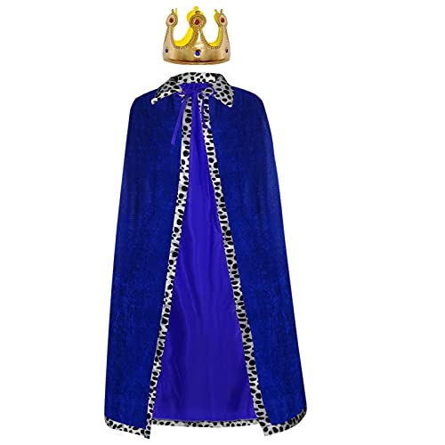 jerbro King's Robe Queen Coat Velvet Coat Costume + Crown King Queen for Women Men Halloween Adults Theme Party Theatre Fancy Dress Cosplay Carnival Fancy Dress Accessories (Blue