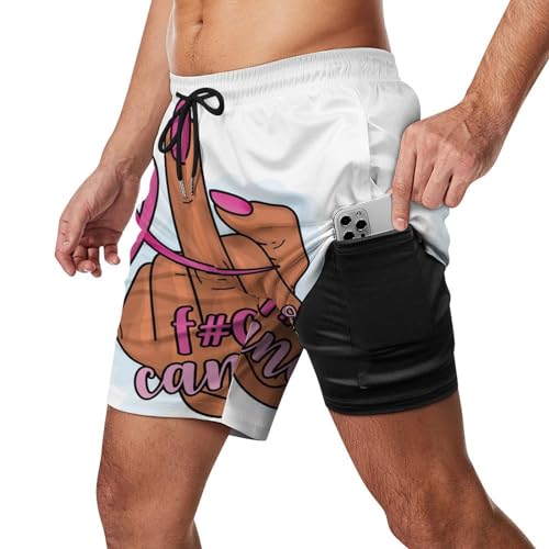 Mens Swim Trunks with Compression Liner, Fuck Breast Cancer Printed Board Shorts2