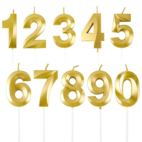 IBLESSU 10Pcs Birthday Candles for Cake - Numeral Birthday Candles 0-9 Happy Birthday Cake Topper Decoration for Birthday Wedding Party Cake Birthday Decorations Kids, Adults (Gold)