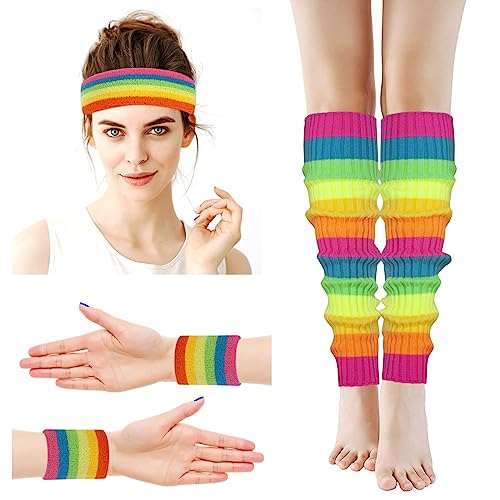Leg Warmers for Women 80s Headband Wristbands Neon Leg Warmers Set for Sport Yoga - 80s Workout Clothes 90s Outfit for Women4