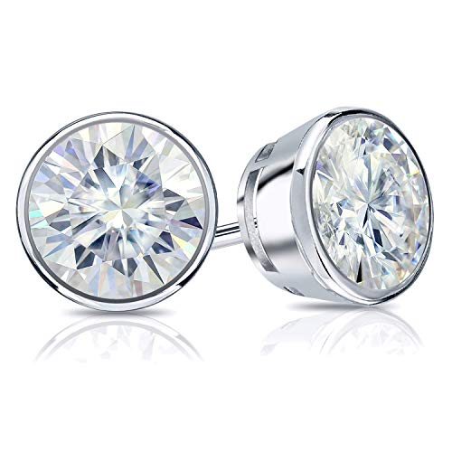 14k Gold Round Moissanite Stud Earrings (1 to 7ct TGW, J-K) Bezel-set, Push-Back by Diamond Wish2