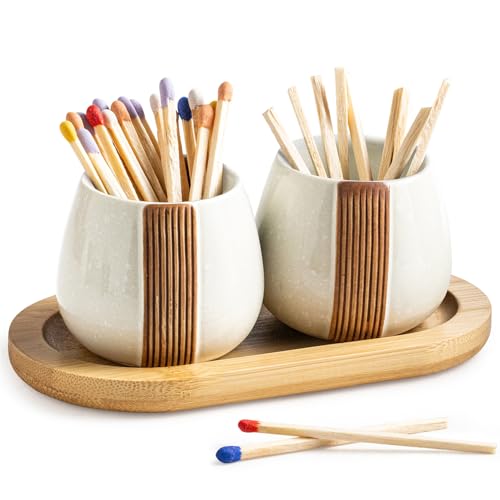 Ceramic Match Striker Holders Set of 2 - Matchstick Container With Wooden Tray for Kitchen, Fireplaces & Minimalist Spaces - Matches NOT Included, White