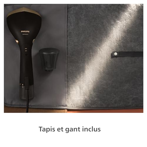 Philips Défroisseur à Main Série 7000 - Steamer 1500W, Vapeur 28g/min, Technologie OptimalTemp, Semelle Métal, Réservoir 100 & 200ml, prêt en 30 sec, Gants & Tapis, Léger 865g, Noir (STH7060/80)