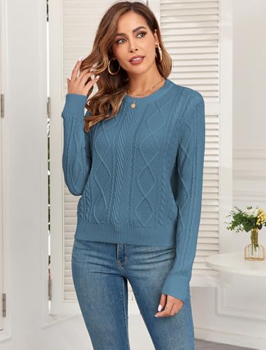 Image of ZAFUL Women's Cable Knit Sweaters Crew Neck Long Sleeve Solid Vintage Casual Pullover Sweater 2024 Fall Chunky Jumper Tops