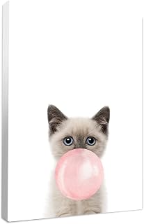 Niwo ART - Cat with Blue Eyes, Pink Bubble Gum Animals, Canvas Wall Art Home Decor, Gallery Wrapped, Stretched, Framed Ready to Hang (20"x16"x3/4")