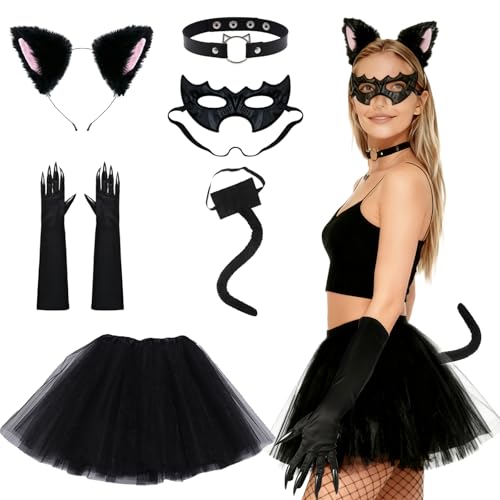 ZXTGBQ 6PCS Accessoires De Catwoman Deguisement Carnaval, Accessoires De Costume De Chat, Serre-TêTe De Chat Noir & Queue De Chats, Catwoman Deguisement Pour Carnaval Halloween Mascarada Cosplay FêTe