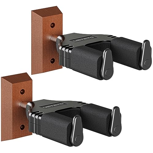Ueteto Guitar Wall Mount Hanger, Hard Wood Base Guitar Hook Auto Locking for Acoustic, Classical, Electric, Bass Guitars, Ukuleles， 2 Pack.
