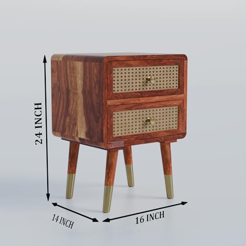 Image of DRIFTINGWOOD Amber Nightstand Bedside Table with 2 Drawers - Solid Sheesham Wood & Rattan Cane Front - Mid Century Modern Wooden End Table for Bedroom - Honey Finish