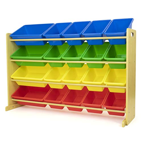 Humble Crew Extra-Large Toy Organizer with 20 Plastic Bins – Primary/Natural Storage Rack with 4-Tier Shelves, Anti-Tip Safety, for Kids’ Rooms, Playrooms, Nurseries & Classrooms