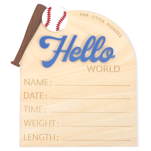 Image of Baseball Hello World Bulletin Board - Newborn Birth Record Card Photo Props,Hospital Nursery Decorations,Baseball Birth Information Announcement Sign,Hello World Sports Milestone Wooden Board