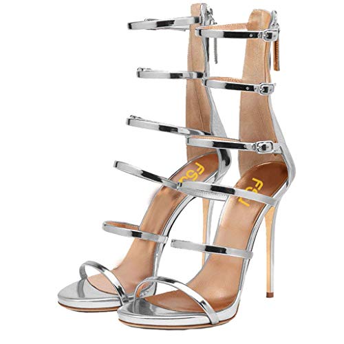 FSJ Women Sexy Strappy Gladiator Wedding Sandals Open Toe High Heel Stiletto Shoes Size 7 Silver