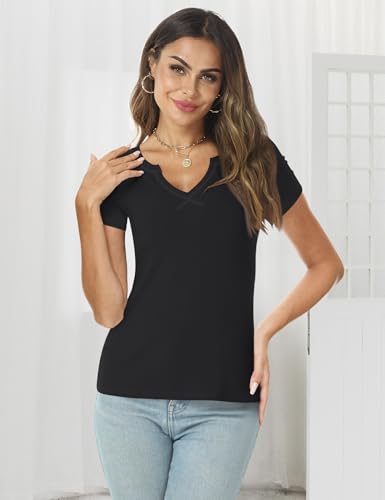 AKEWEI Women's Short Sleeve Tops Soft V Neck Ribbed Knit Shirts Basic Comfortable Clothes Tunic2
