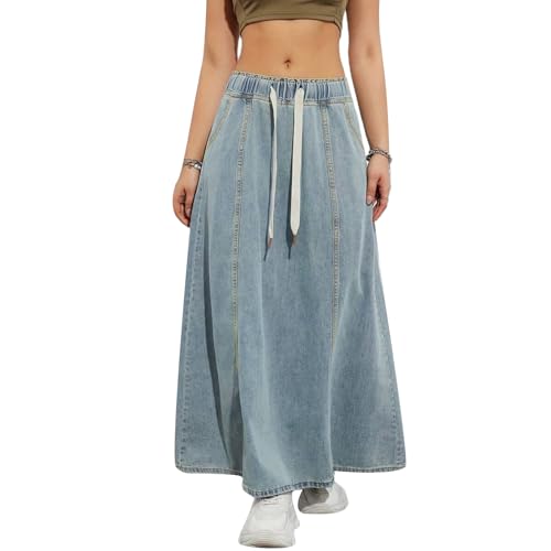 Tempura Women's Denim Long Skirts Elastic Drawstring High Waist A Line Flare Jean Skirt Streetwear