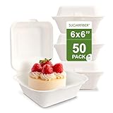 [50 COUNT]Harvest Pack 6 X 6 inch White Compostable Food Hinged Container, Disposable Square Single Compartment Clamshell Takeout to go Box, Eco-Friendly Bagasse Sugarcane, No PFAS Added, New Version