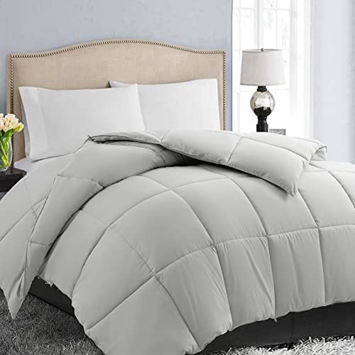 EASELAND All Season Queen Size Soft Quilted Down Alternative Comforter Reversible Duvet Insert with Corner Tabs,Winter Summer Warm Fluffy,Light Grey,88x88 inches