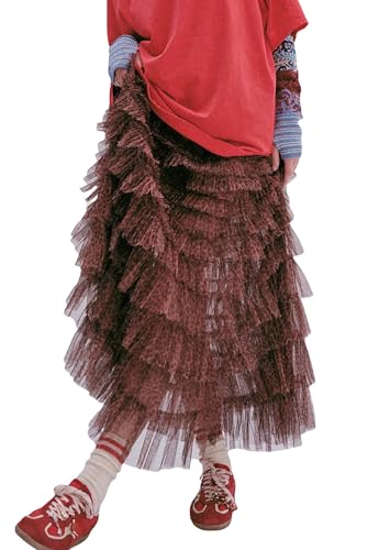 NUFIWI Women Ruffle Maxi Slip Skirt Elastic Waist Sheer Mesh Long Skirts Lace Layered Tiered Tulle Tutu Skirt Petticoat2