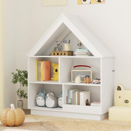 KOTEK Kids Bookshelf 3-Tier House Shaped Bookcase for Organization & Decoration Floor Standing Book Shelf for Kids Room Playroom Nursery (White)