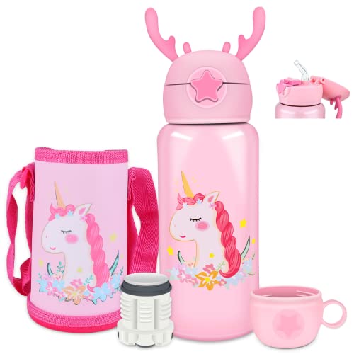 Fosgoit Kids Water Bottle 17Oz, Kids Thermos Water Bottle with Straw Lid for Girl, Stainless Steel Vacuum Insulated Water Bottle with Shoulder Strap for School Home, Pink Unicorn Thermos Birthday Gift