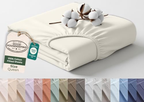 Image of Royale Linens 100% Organic Cotton Queen Fitted Sheet Only - Percale Weave - Super Soft Deep Pocket Bottom Sheets - Ivory Elastic Sheet - Queen Size Fitted Sheets Only - (60 inchx80 inch+15 inch, Ivory)