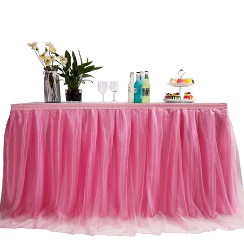 MYMM 9FT(108 * 31 in) Pink Tulle Tutu Table Skirt, Wedding Bridesmaid, Baby Party Skirt, Rectangle Or Round Decorative Table Decoration, Fashion Deluxe Romantic Birthday Party Shower(Wave)
