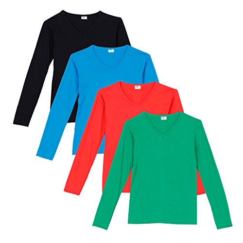 Image of FLEXIMAA Women's Cotton Plain V Neck Full Sleeve T-Shirt