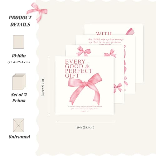 Image of LARTSFRO Coquette Pink Bow Wall Art Decor Posters, Pink Bow Room Bedroom Bathroom Dorm Wall Art Decor Aesthetic for College Teen Girls Gifts, Inspirational Bible Verses Bow Wall Decor, 10x10 Inch Set of 4 Pcs Bow Pictures (UNFRAMED)