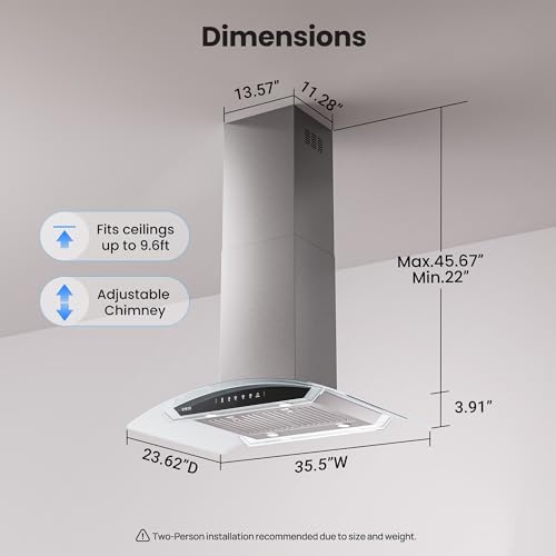 Image of 36 inch Island Range Hood, 1200 CFM Upgraded Range Hood with 3 Speed Fan