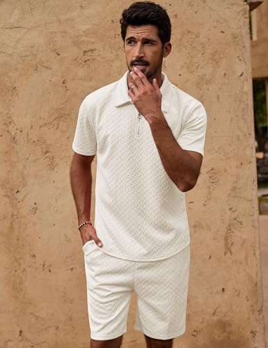 Image of URRU Mens Textured Polo Shirt and Shorts Sets Outfits 2 Piece Summer Tracksuits Casual Quarter Zip Golf Polo Shirts